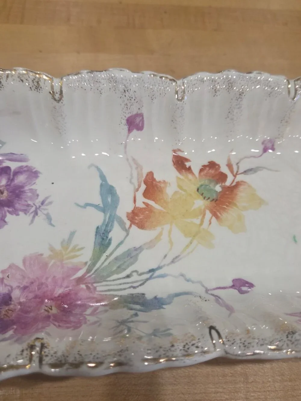 Antique Victoria Austria Porcelain Floral Celery Dish Scalloped Gold Trim